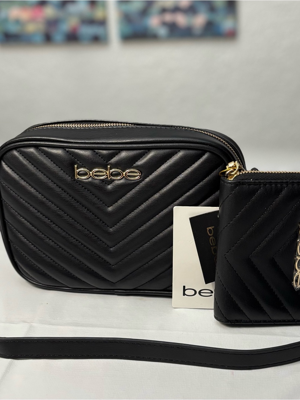 bebe Black Quilted Crossbody bag with Matching Wallet, New.